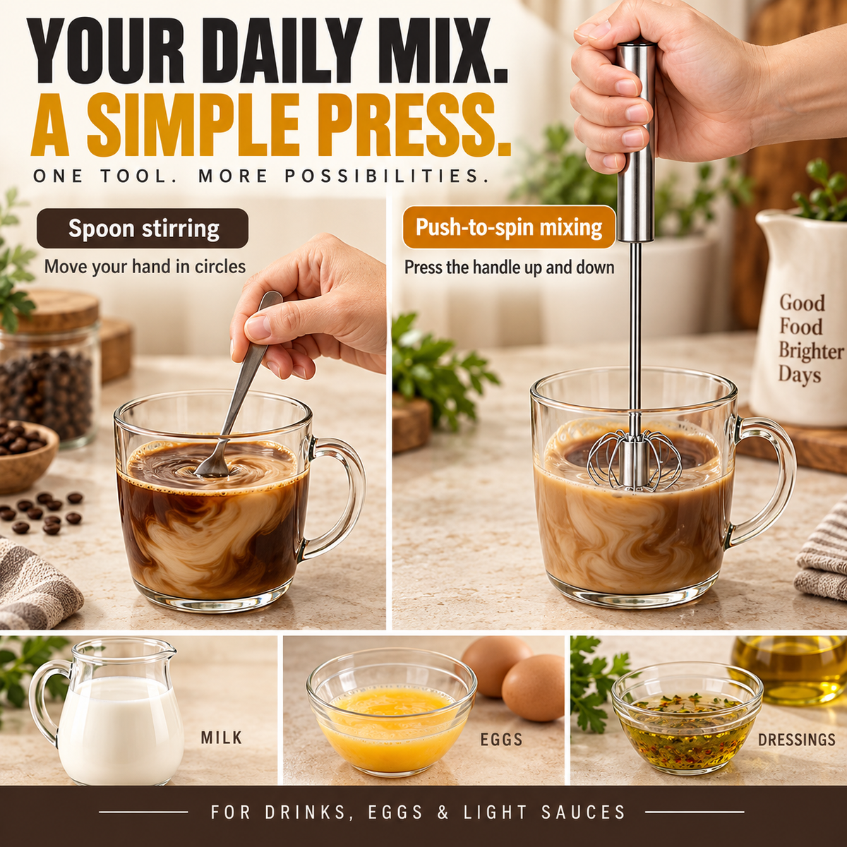 The All-in-One Stainless Steel Rotating Whisk – Press, Spin & Mix