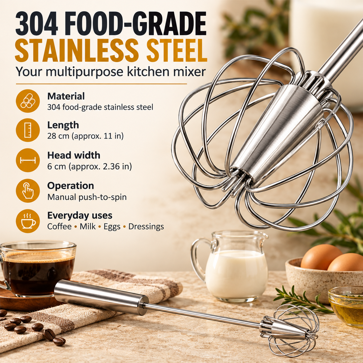 The All-in-One Stainless Steel Rotating Whisk – Press, Spin & Mix
