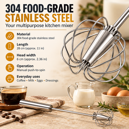 The All-in-One Stainless Steel Rotating Whisk – Press, Spin & Mix