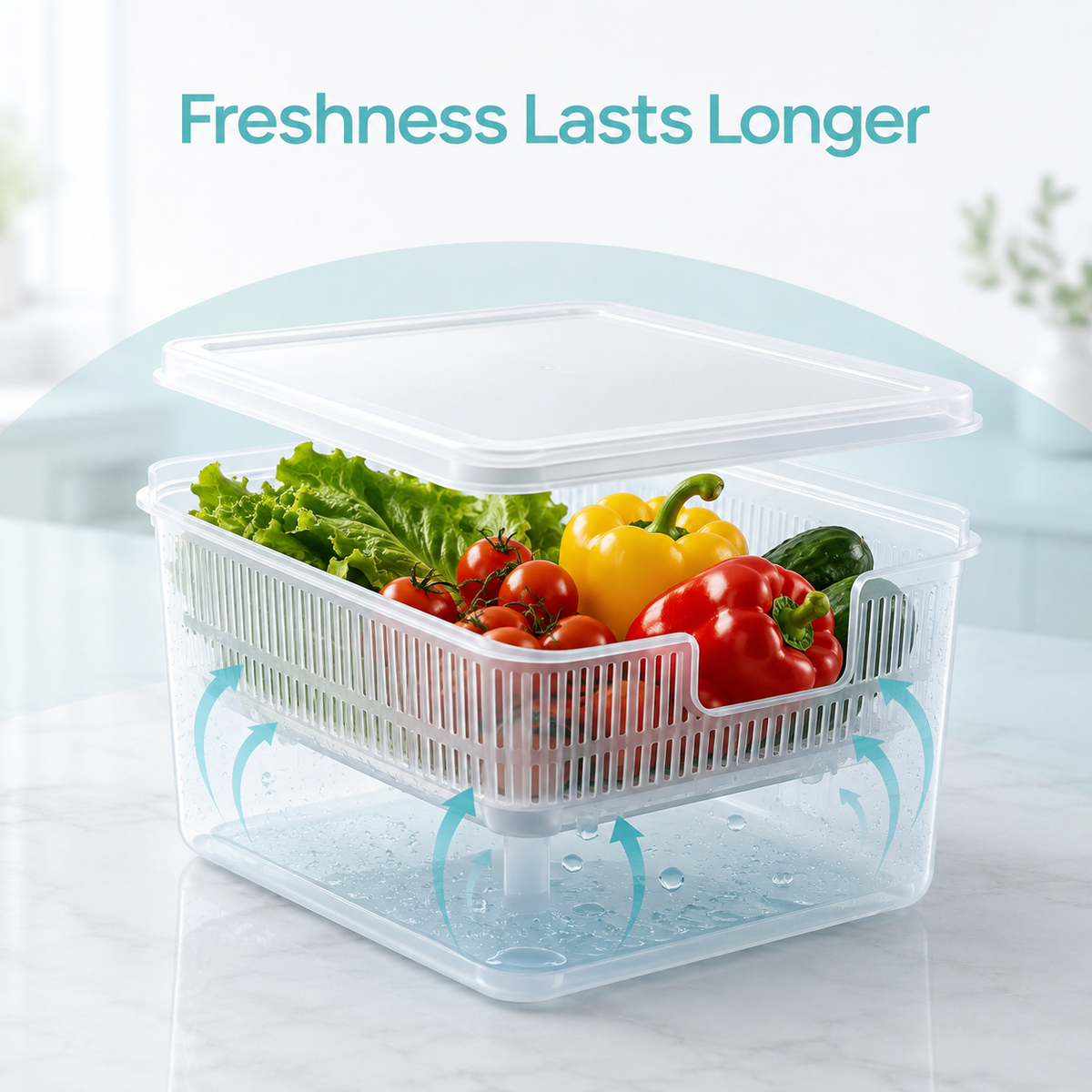 Multi-Size Refrigerator Produce Storage Box with Drain Basket